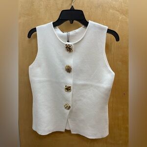 White Sleeveless Top with Gold Buttons